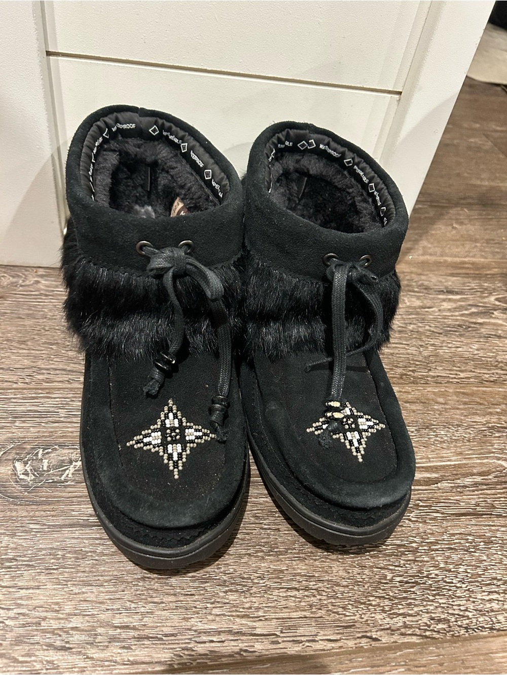 Faux Fur Trim Black Beaded Ankle Booties - Women’s